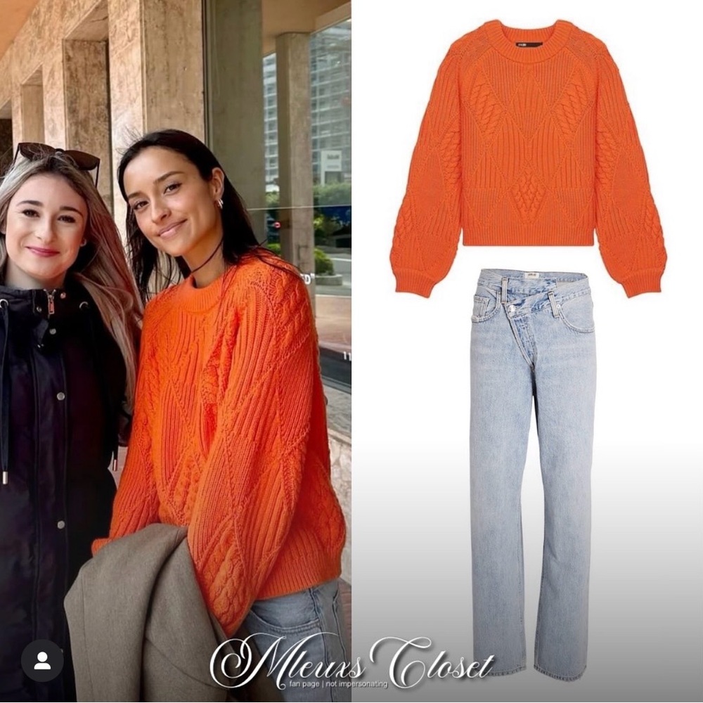 Maje Orange Cable Knit Crewneck Sweater